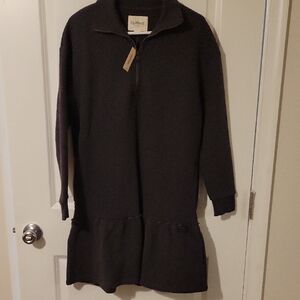 UpWest Charcoal Grey Zip-Neck Knit Sweatshirt mini Dress with Flared Hem